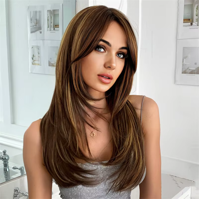 Perruque synthétique pour femmes, cheveux longs, frange latérale, légèrement bouclés, mèches résista