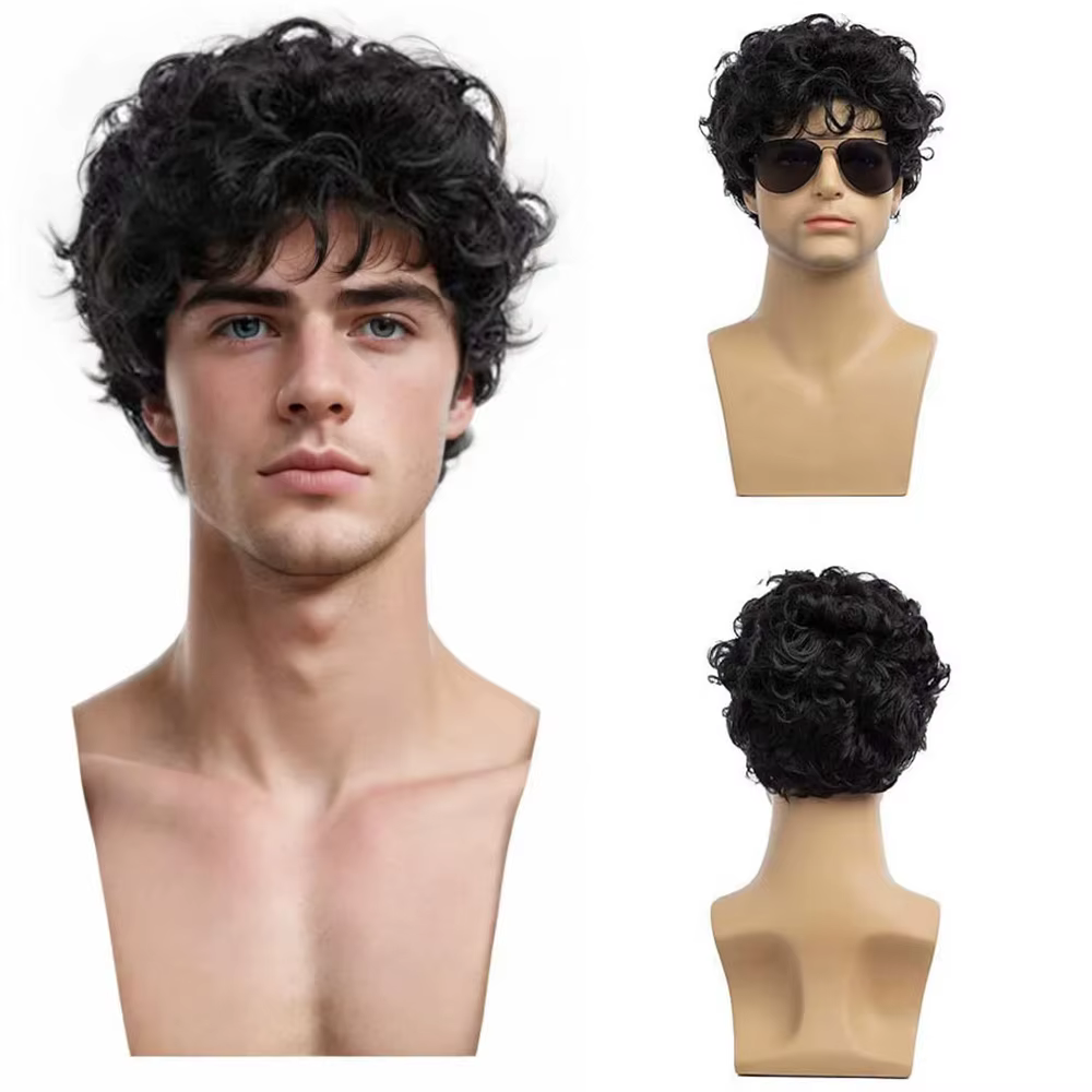 Perruque synthétique noire pour hommes, cheveux courts, coiffure de Cosplay, toupet, bons cadeaux po