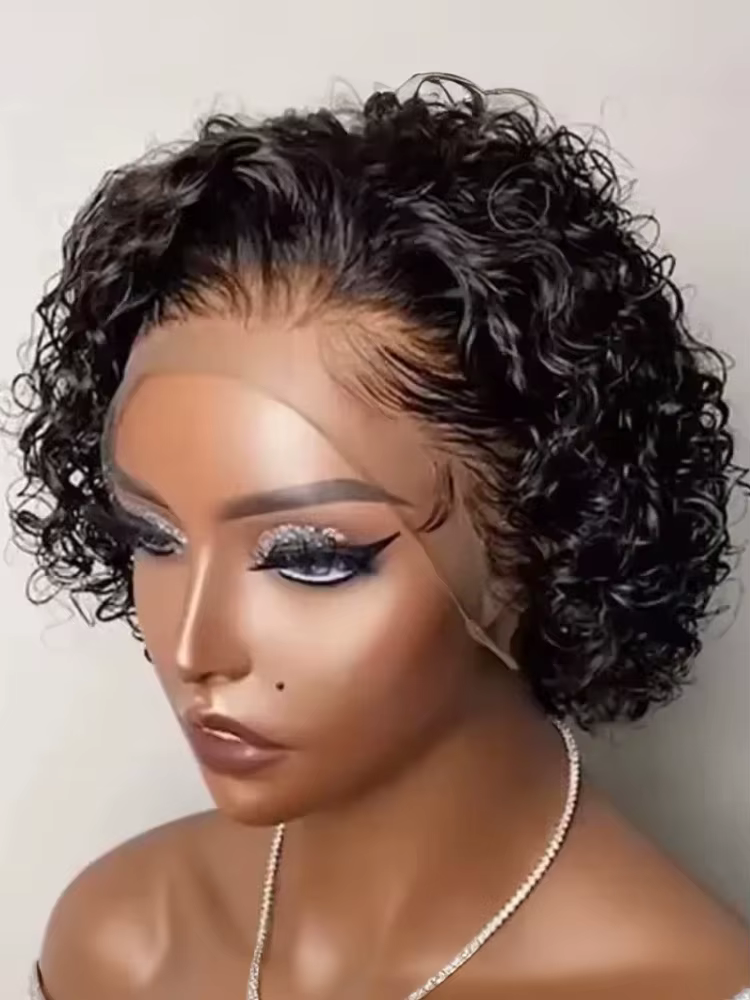 Perruque Pixie Cut en dentelle, Perruque Bob 13x1 Lace Front, Cheveux Humains Bouclés Courts, Perruq