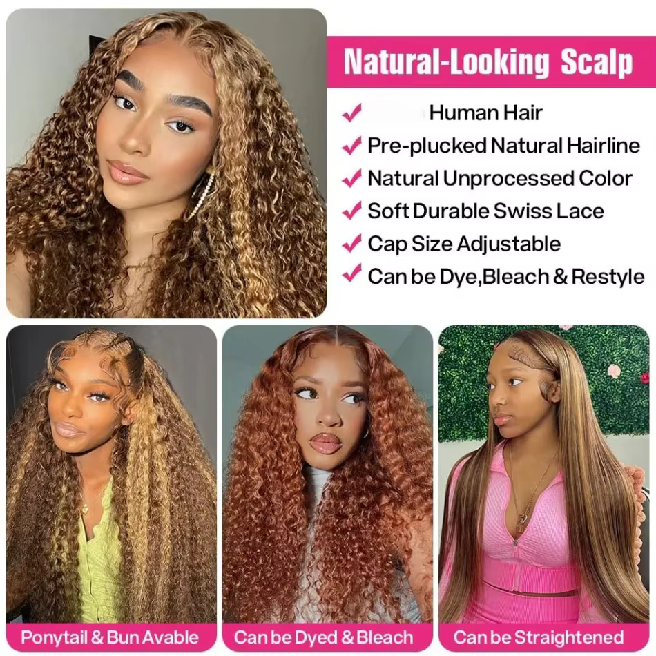 Perruque Lace Front Wig 360 naturelle bouclée, cheveux humains, pre-plucked, Hd, Deep Wave, avec cor