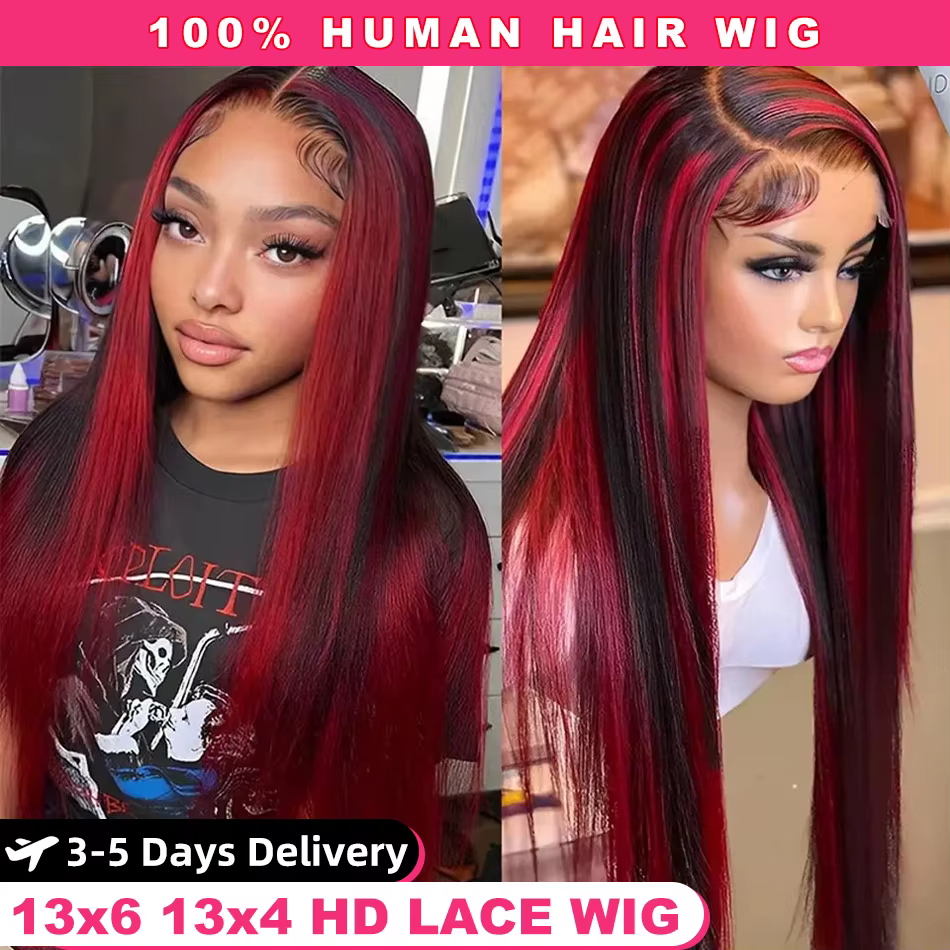 Ombre mettre en évidence bordeaux perruque cheveux humains 13x4 droite dentelle avant perruque 13x6