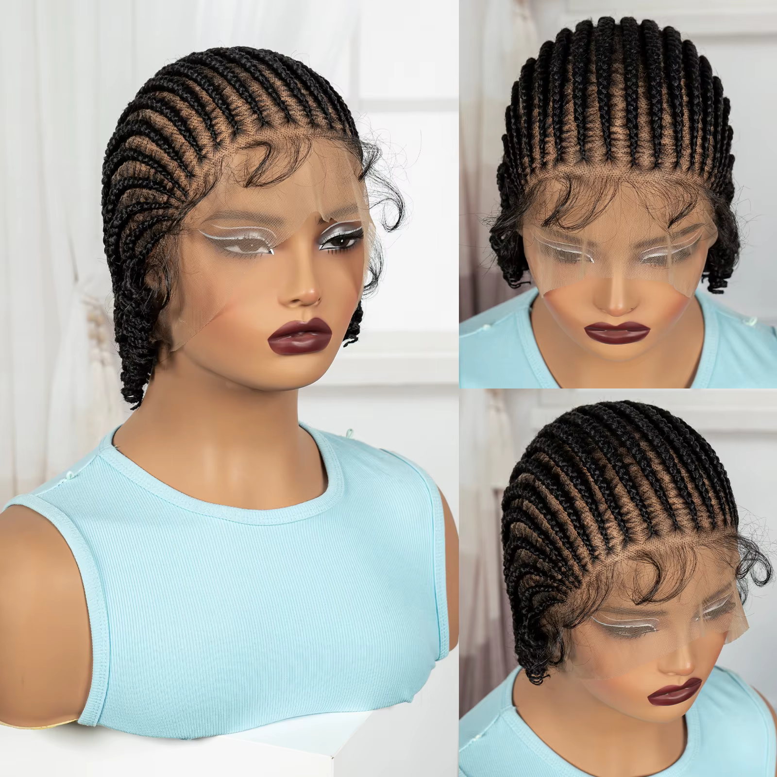 Perruques Bob tressées courtes Cornrow, perruque synthétique pleine dentelle tressée avec cheveux de