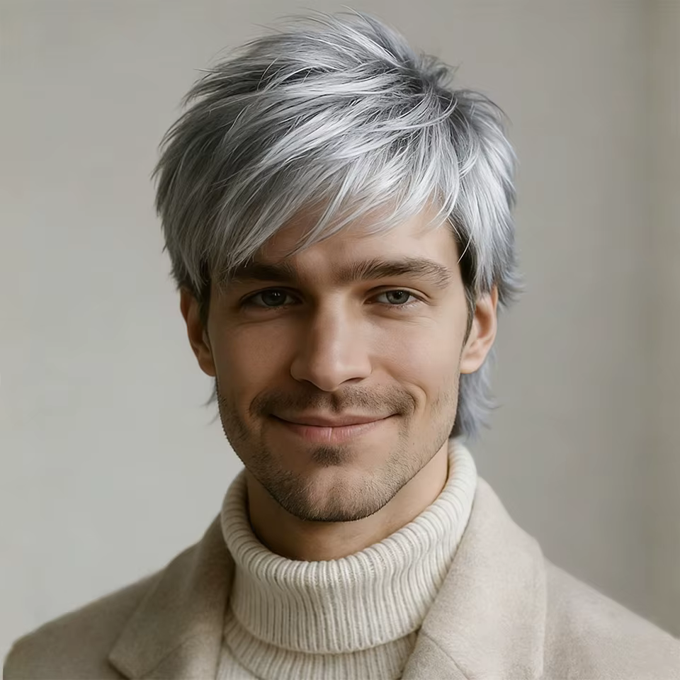 Perruque courte et droite de style pixie pour homme, couleur gris argenté, en cheveux humains brésil