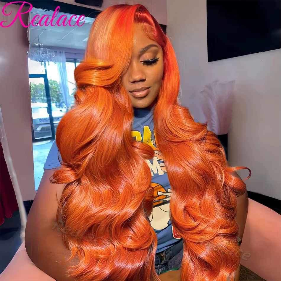 36 pouces gingembre Orange dentelle avant perruques cheveux humains pré plumé 200% densité vague de 