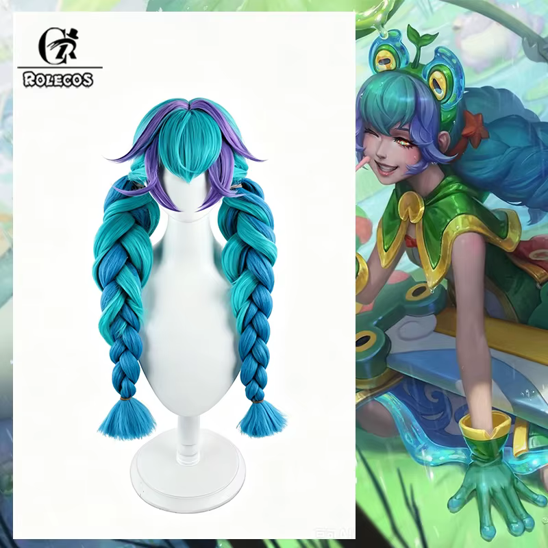 ROLECOS LOL Rain Shepherd Gwen – perruque de Cosplay pour femmes, couleurs mélangées, avec tresses,