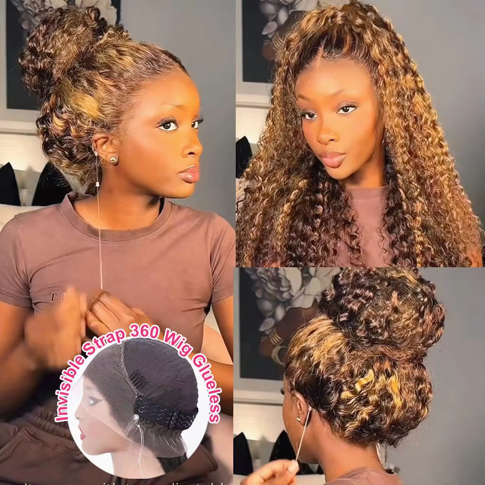 Perruque Lace Frontal Wig 360 sans colle, cheveux naturels bouclés, avec sangle Invisible, P4/27, re