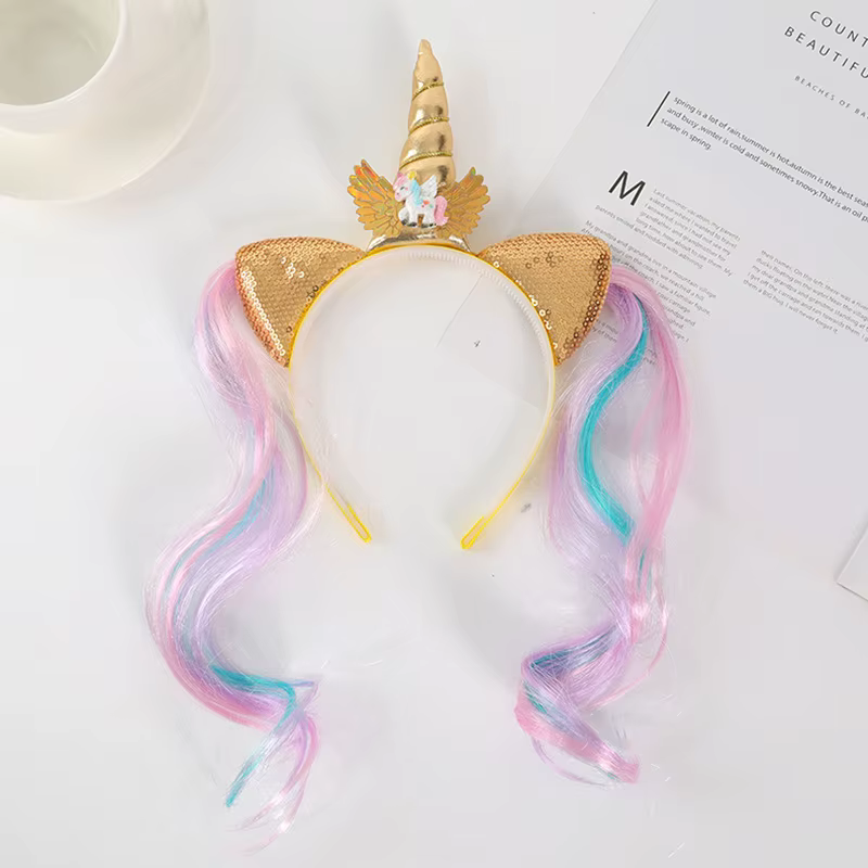 Perruque colorée licorne bandeau arc-en-ciel cheval Double queue de cheval perruque chapeaux enfants