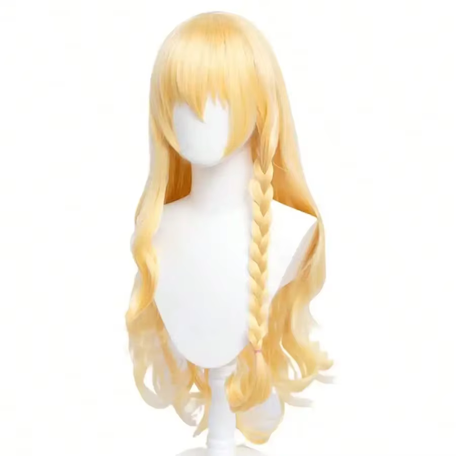 Perruque longue bouclée Marisa, couleur or clair ombré, avec frange, en cheveux synthétiques réalist