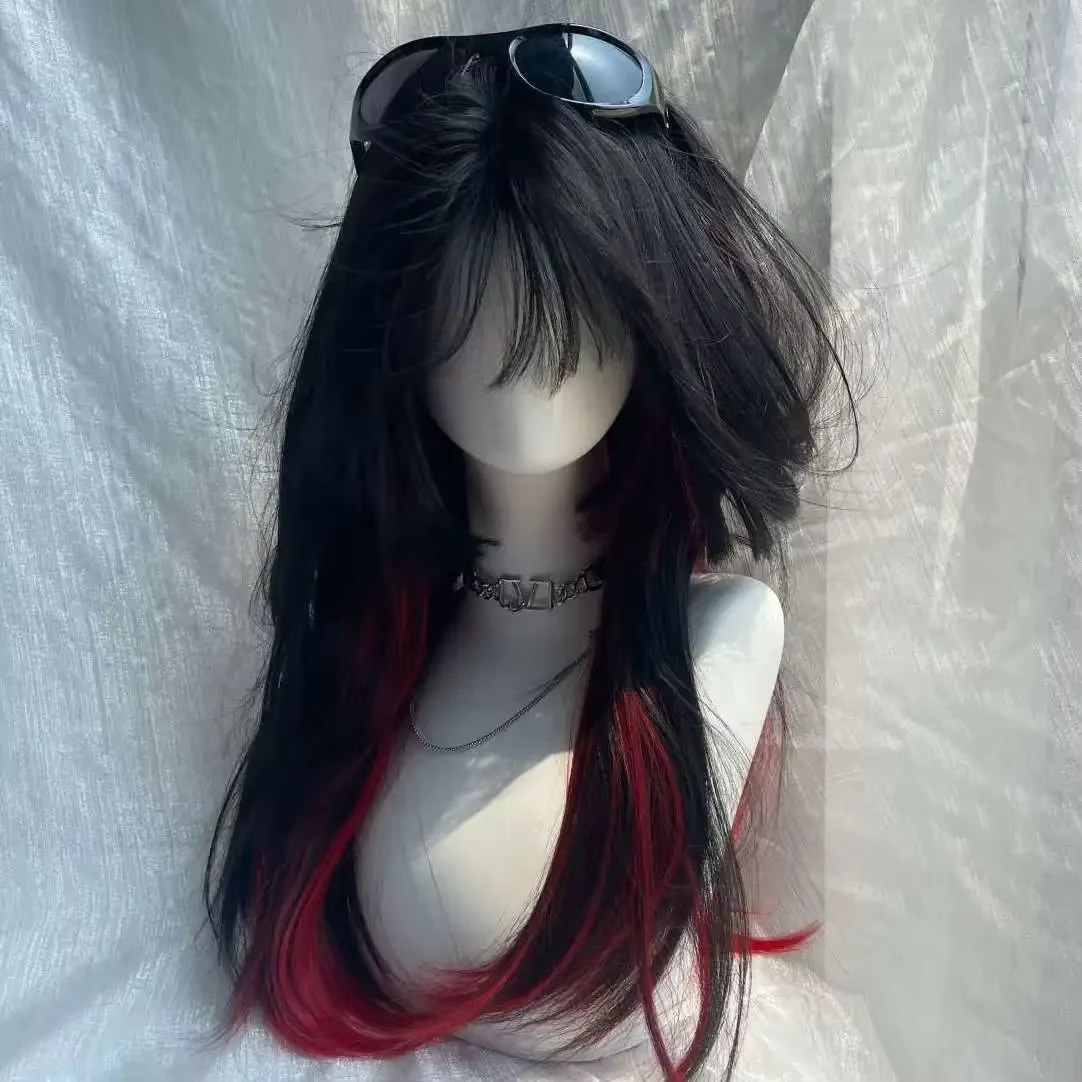 Cheveux longs et raides tehonneur en noir et rouge pour femmes, style gothique ultraviolet, coupe pr