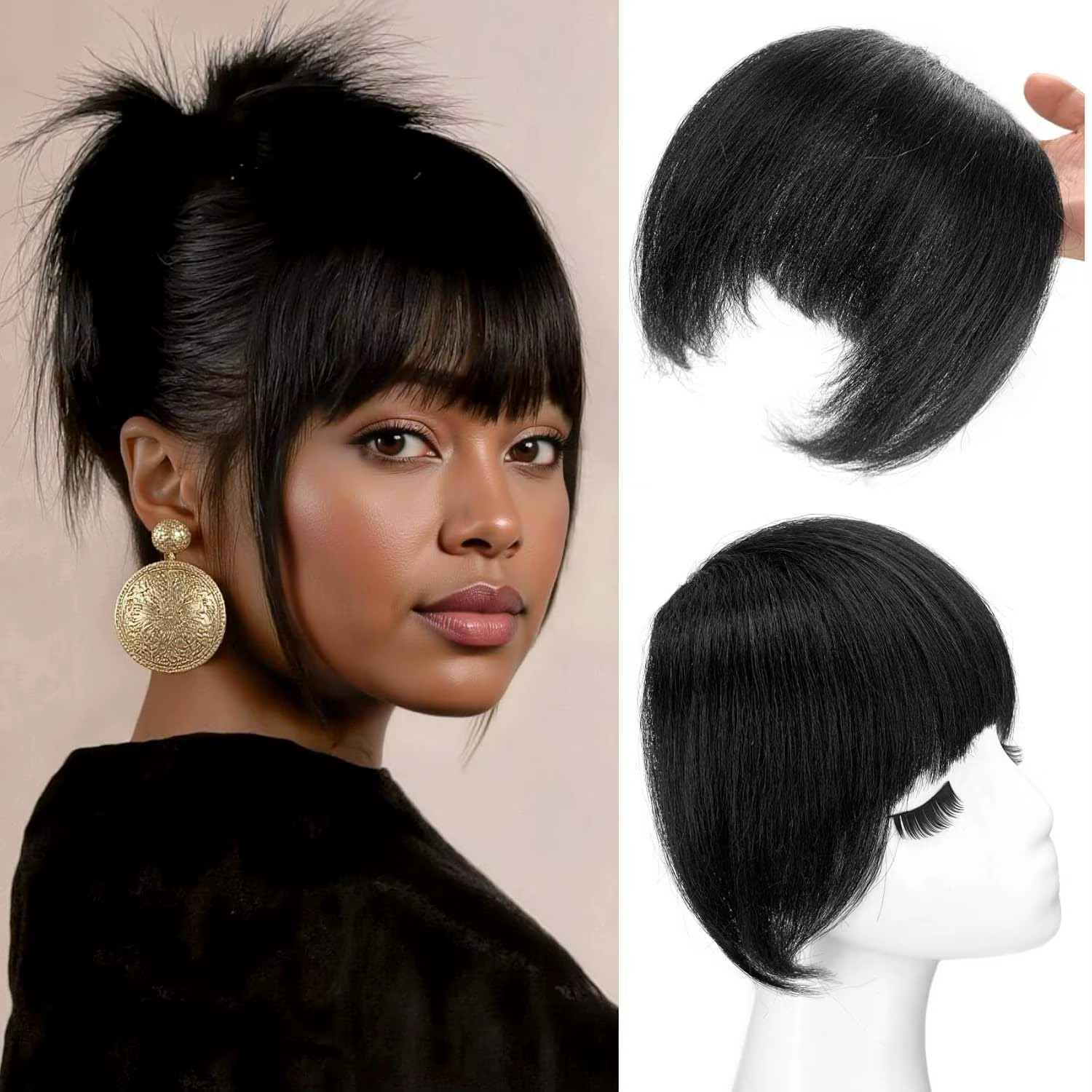 Extensions de cheveux synthétiques Yaki à frange droite pour femmes, frange noire avec branches, pos
