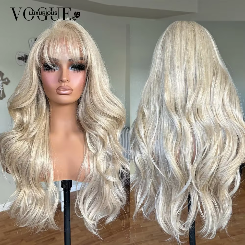 LUX VOGUE Platinum Blonde 100% perruque de cheveux humains avec frange 13x6 Transparent mise à nivea