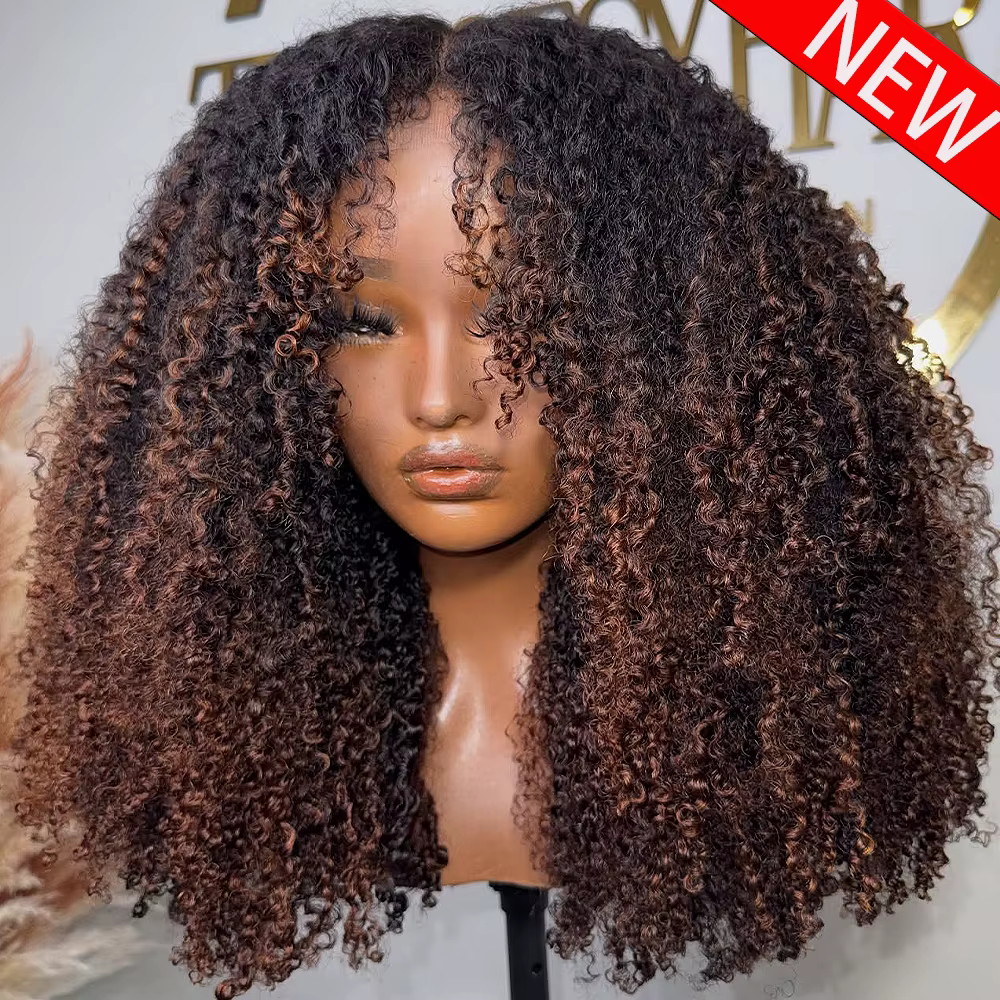 Perruque bouclée crépue densité 400, 13x4, avec mèches, en dentelle HD, cheveux humains, 10-18 pouce