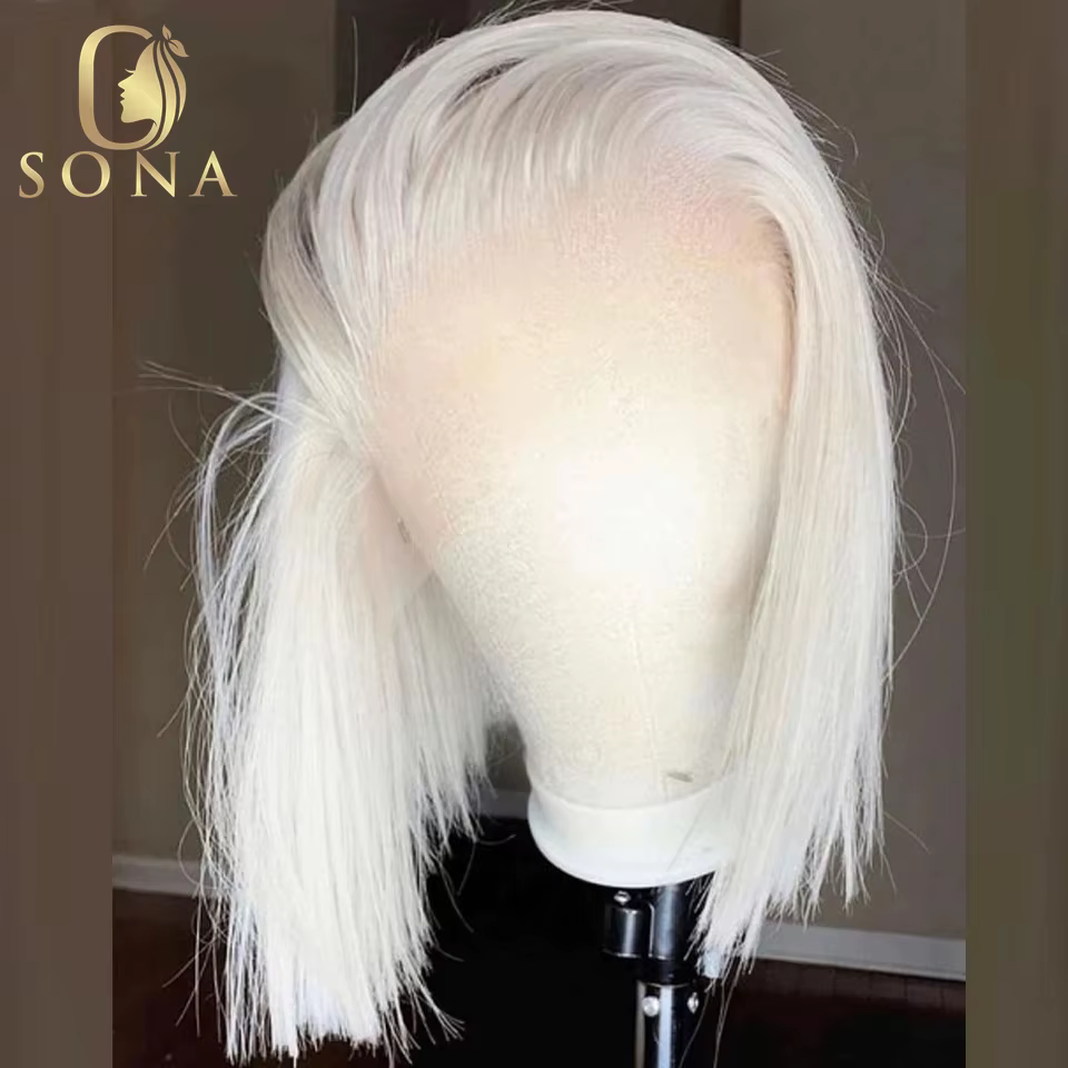 Perruque frontale en dentelle transparente 13x6 # 60 couleur blanc platine cendré blond droit Bob 13