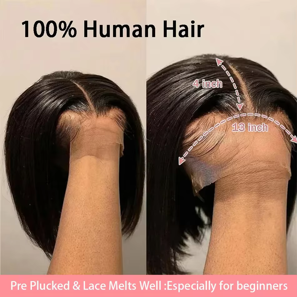 Perruque Bob en cheveux humains, densité 200%, frontale en dentelle HD 13x4, courte et droite, pré-é