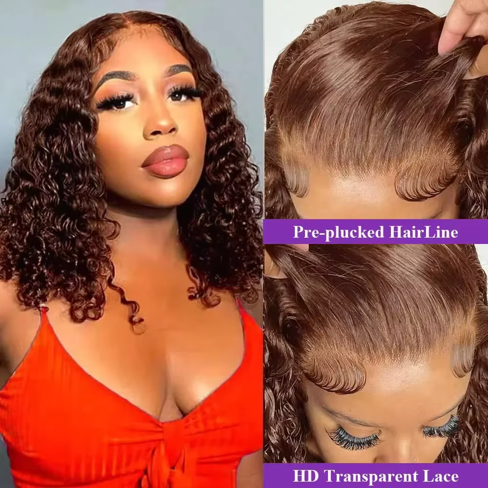 Ondulations profondes # 4 perruques bob en cheveux humains ondulés bruns, perruques frontales en den