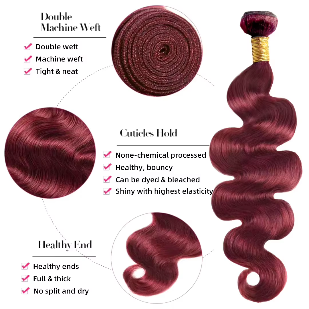 16A bordeaux 99j paquets de vague de corps couleur rouge paquets de cheveux humains 1/3/4 pièces Ext