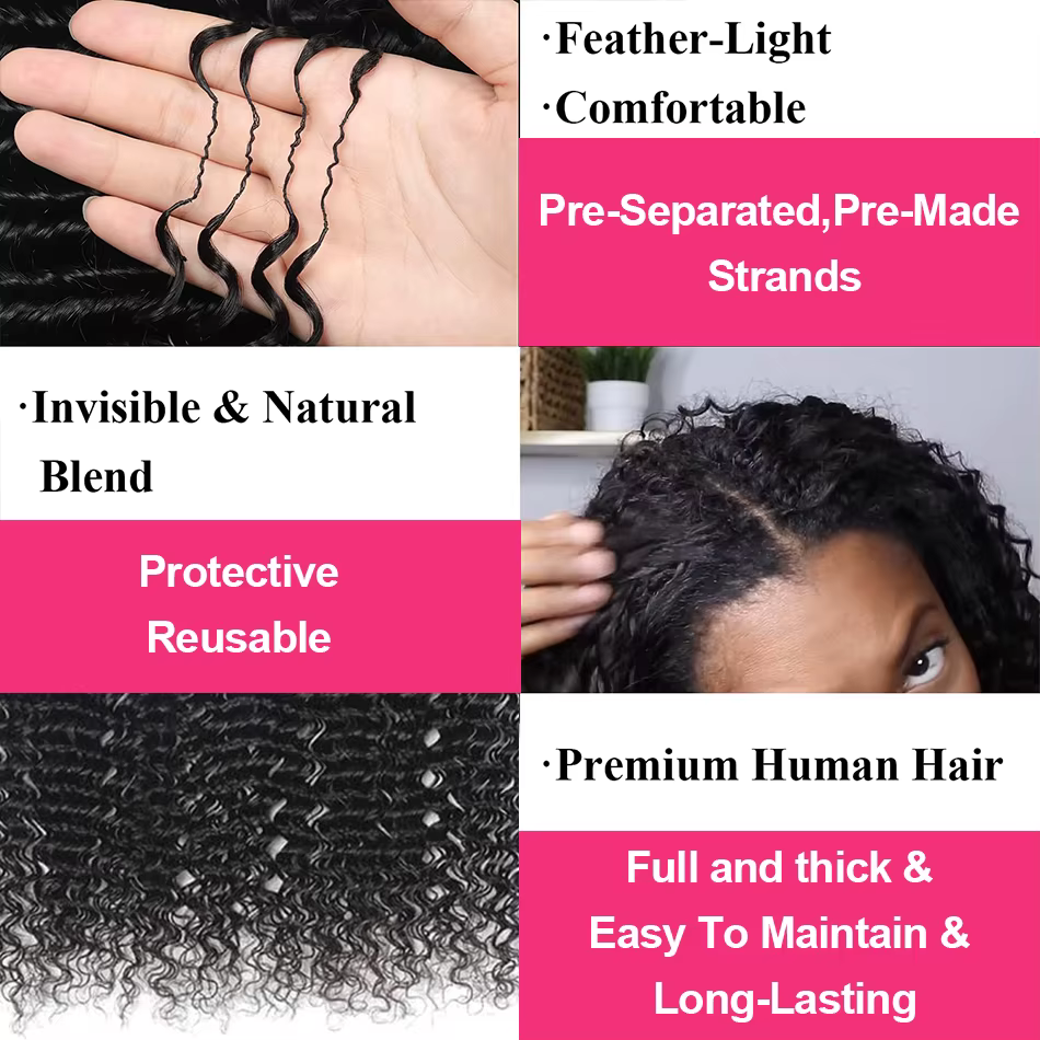 Extension de cheveux 100% naturels bouclés profonds, plumes au Crochet, pré-séparées, sans nœuds, po