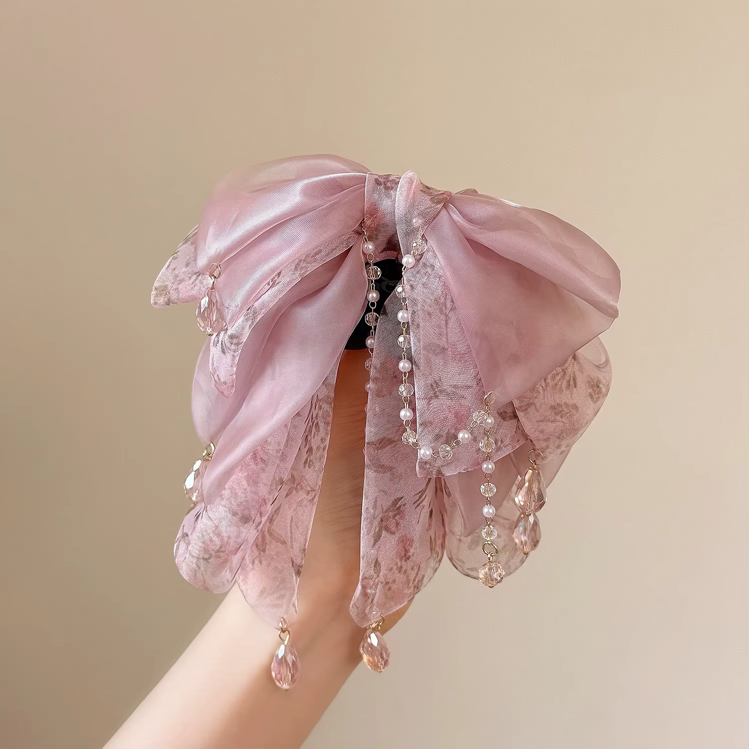 Pince à cheveux avec pompon en cristal bordeaux – Design floral aquarelle avec grand nœud, griffe de