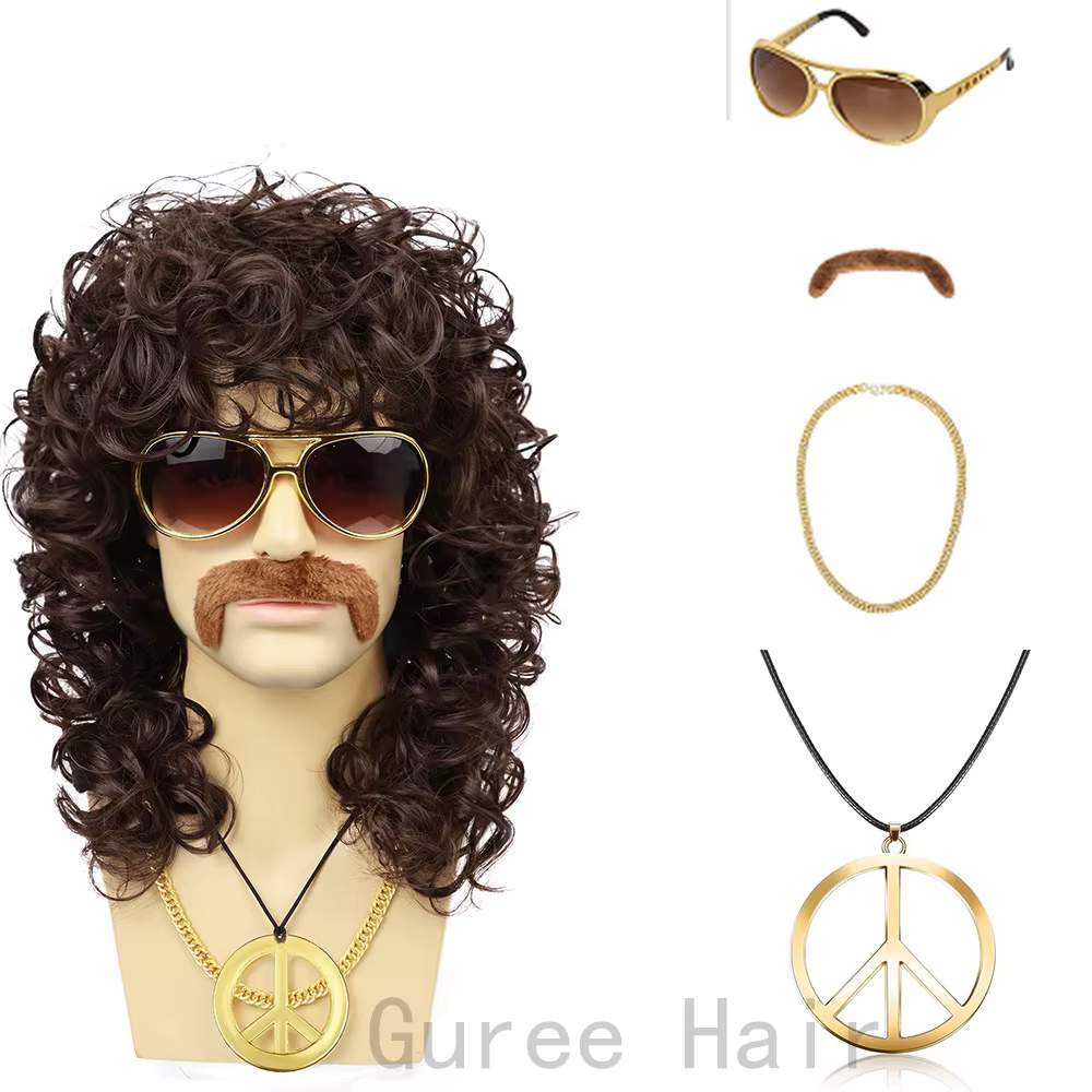 Perruques synthétiques des années 70 pour hommes, Disco pour fête d'halloween, cheveux courts marron