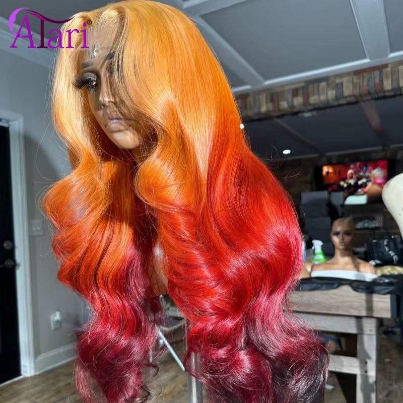 Perruque Lace Front Wig naturelle ombrée orange foncé, cheveux humains, 13x4, 5x5, 13x6, pre-plucked