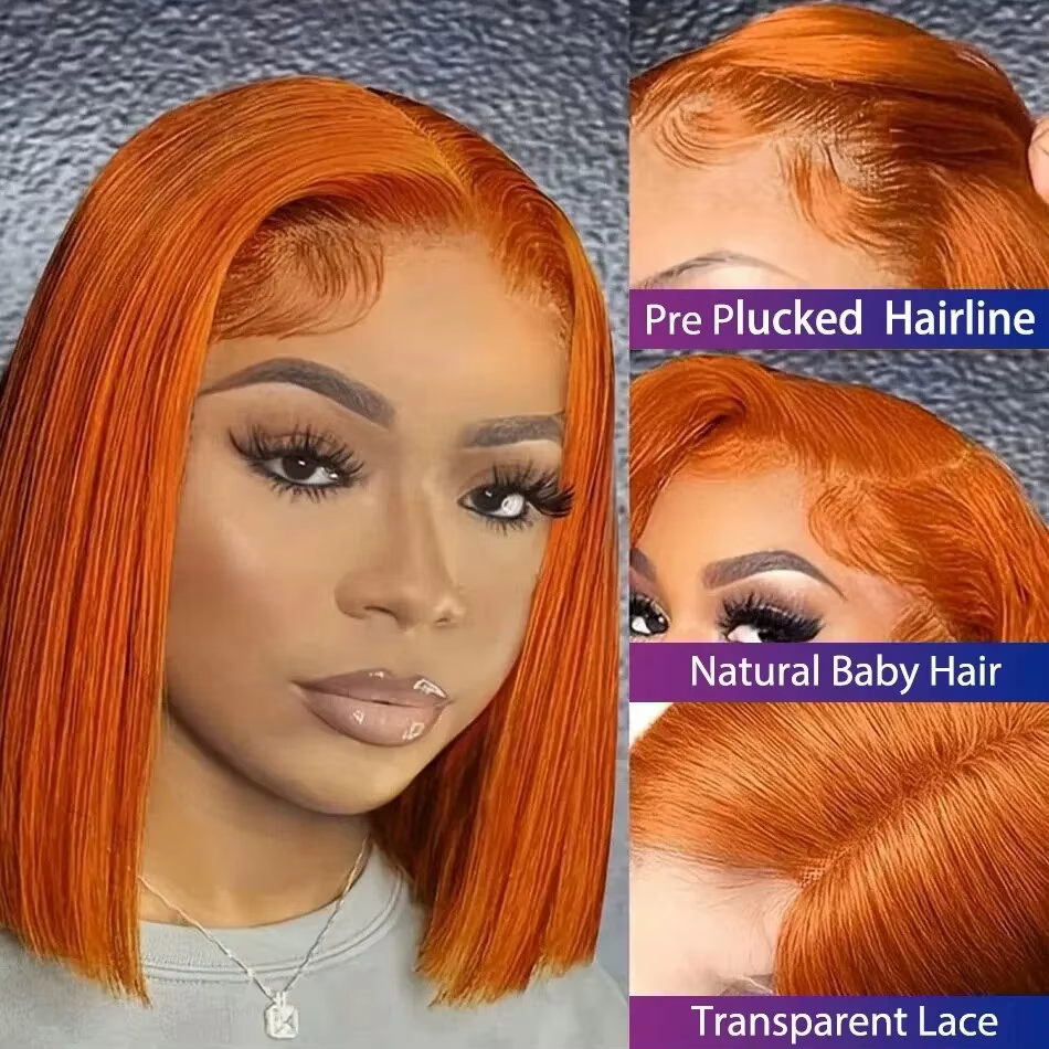 Perruque Bob Courte Sans Colle 613 Orange Gingembre, Perruque Frontale HD en Dentelle, Cheveux Humai