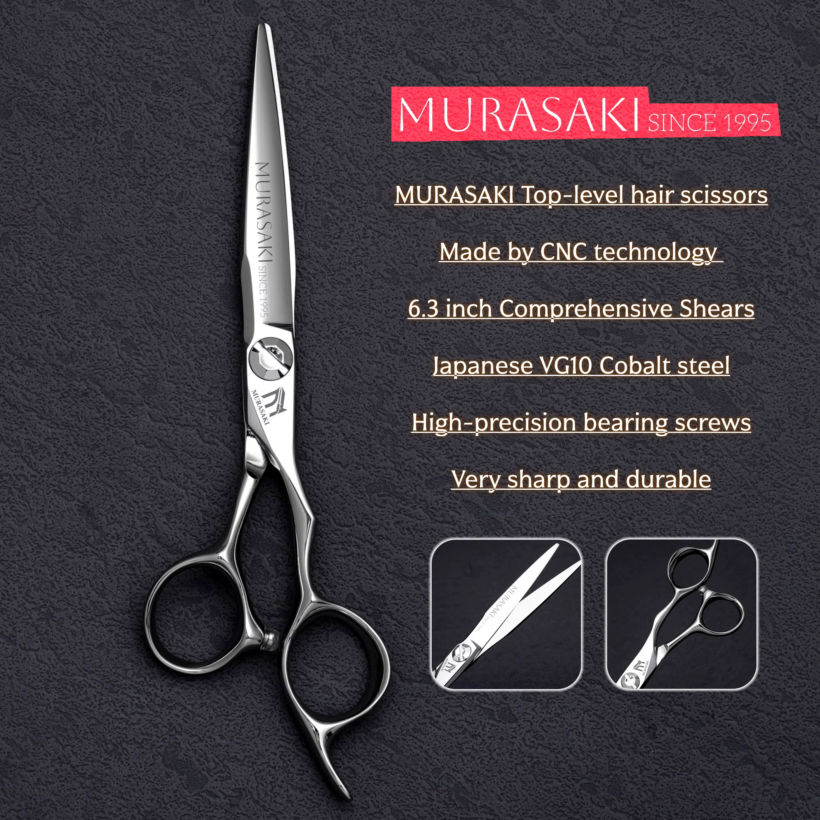 Ciseaux de coiffure de haut niveau MURASAKI, ciseaux de barbier de 5,7-6,3-6,8 pouces, fabriqués en