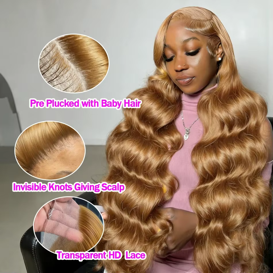 Perruque brésilienne ondulée 34-36 pouces, 27 blond miel, en cheveux humains, avec dentelle frontale