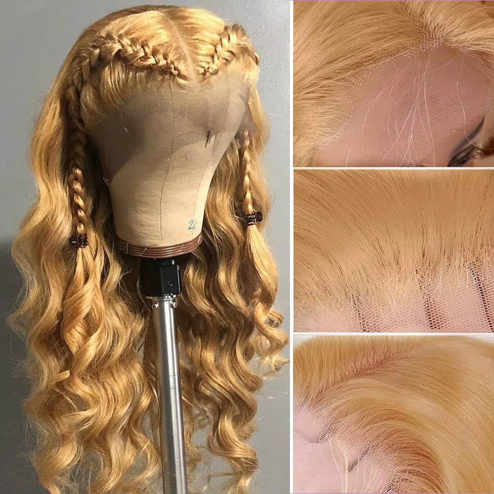 Perruque de cheveux humains avant de dentelle blond miel 13x6 HD 210% densité vague de corps perruqu