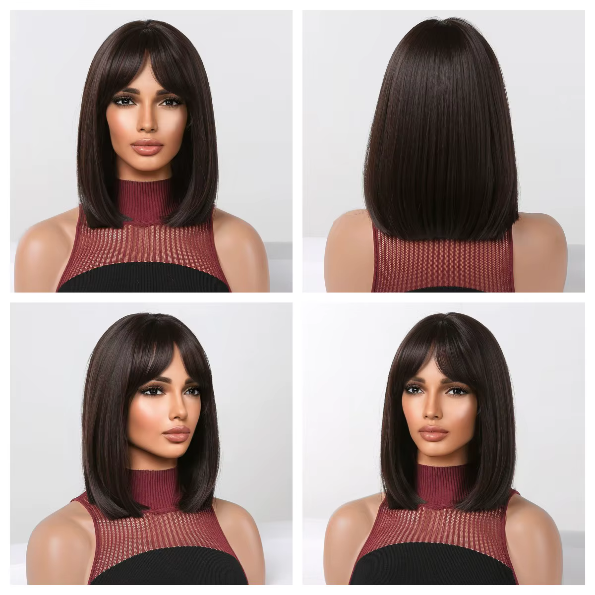 Perruque Synthétique Courte Bob Brun Foncé avec Frange pour Femme, Cheveux Lisses, Cosplay Lolita, P