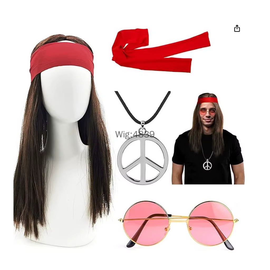 Perruque marron pour hommes des années 1980, perruque de Costume d'halloween, perruque Hippie Rock e