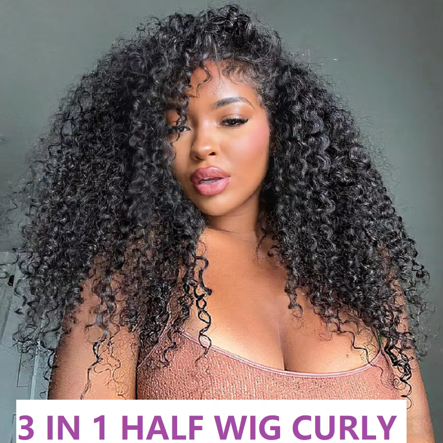 Perruque mi-tête bouclée en cheveux humains 250% densité, perruque mi-tête frisée crépue en cheveux 