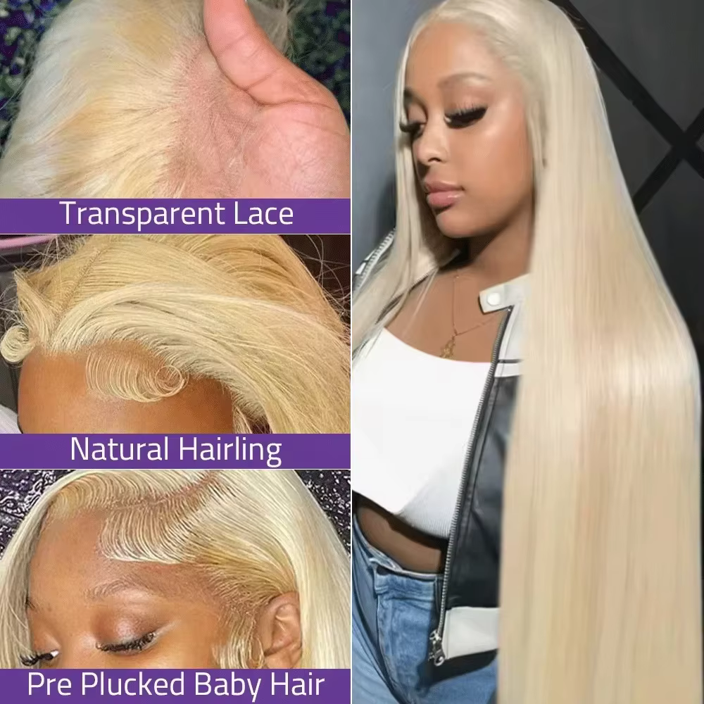 Perruque frontale en dentelle transparente HD 13x6, cheveux humains brésiliens lisses, blond 613, 30