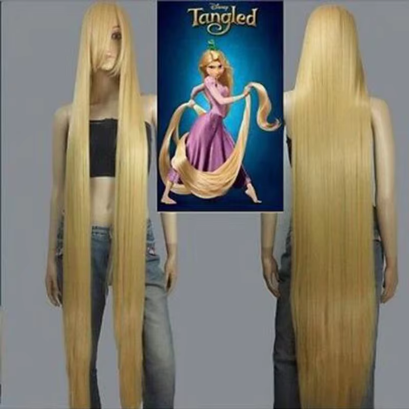 Film Raiponce 150 cm doré droit longs cheveux synthétiques Cosplay perruques + bonnet de perruque