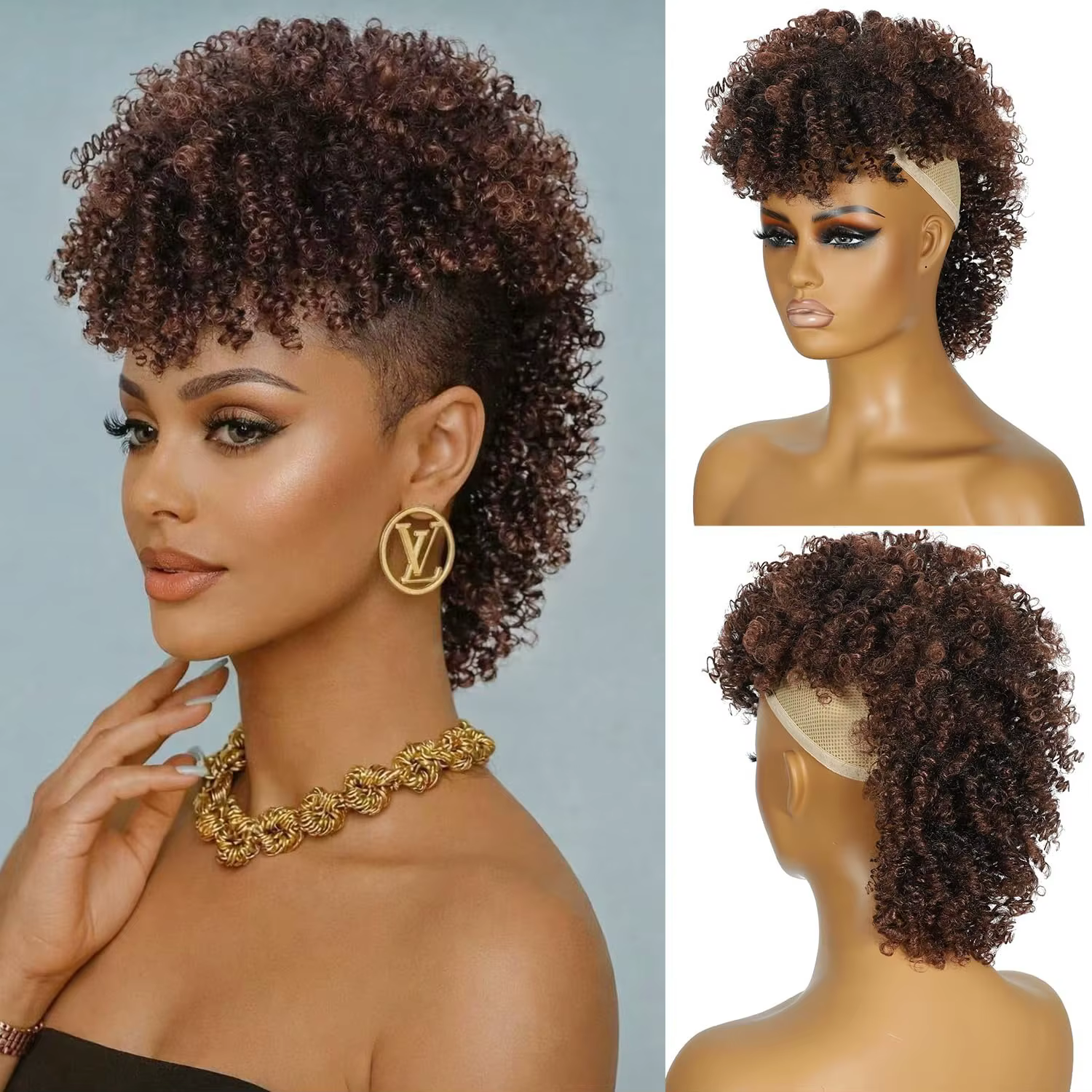Perruques synthétiques : Queue de cheval bouclée africaine avec frange, Extensions de cheveux courte