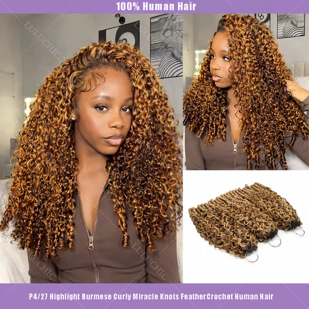 Cheveux humains bouclés birmans pour crochet # P4/27 Blonde avec mèches brunes Omber Miracle Knots F