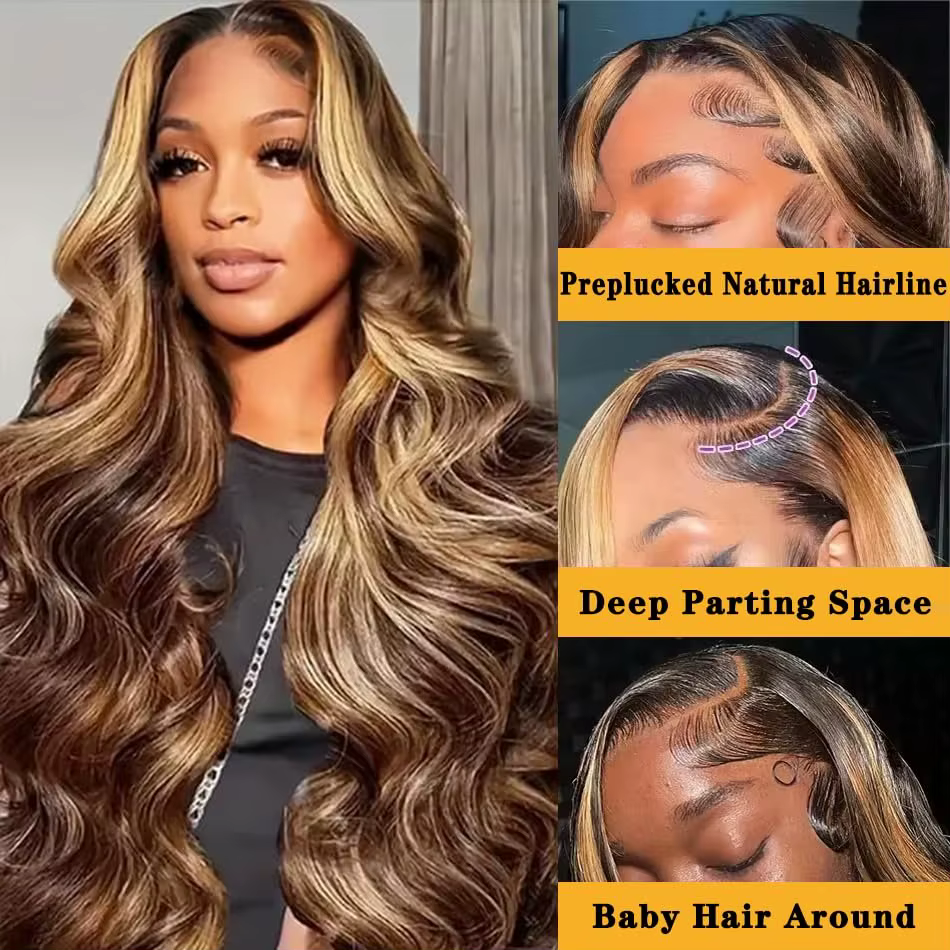 Perruque Frolo Body Wave 13x6 HD Lace en Cheveux Humains Péruviens, Mèches Blondes 4/27 Ombré Marron