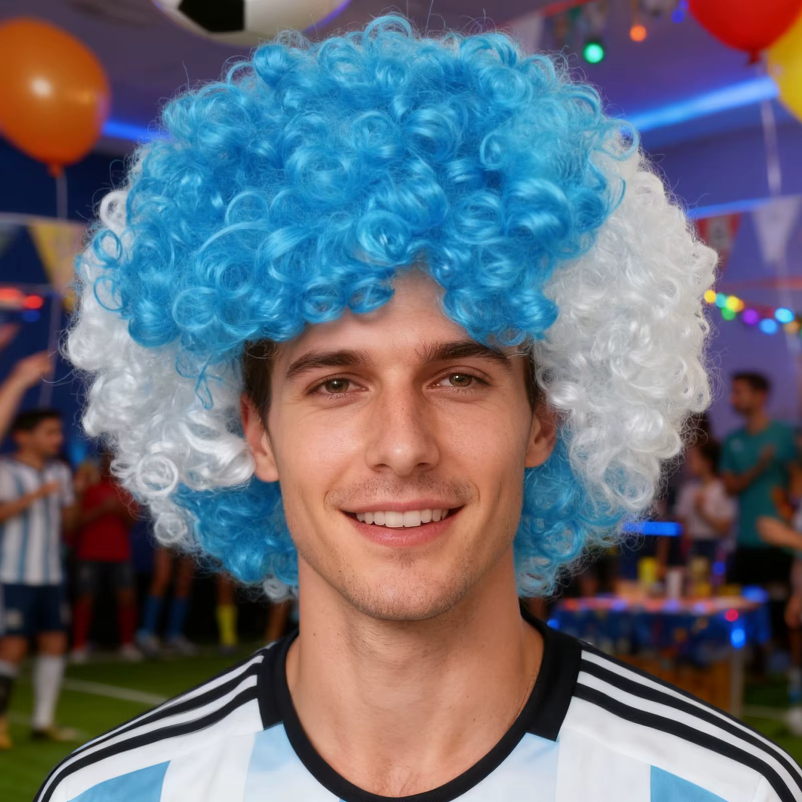 Perruque aux couleurs du drapeau argentin, perruque bleue et blanche, cheveux courts bouclés, perruq