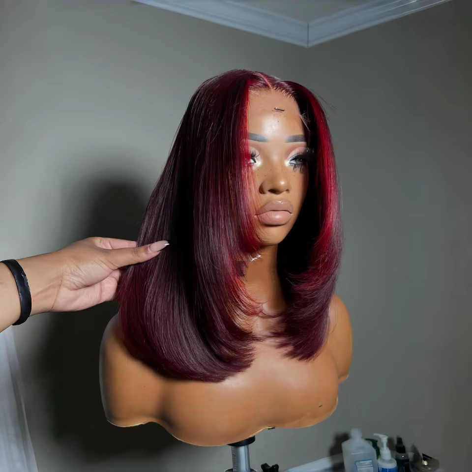 Perruque BOB bordeaux avec rayures rouges, perruque frontale en dentelle complète 13x4, perruque bob