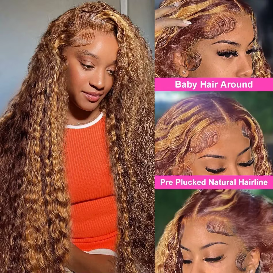 30 36 pouces bouclés mettre en évidence perruque cheveux humains miel blond 13x4 dentelle avant vagu