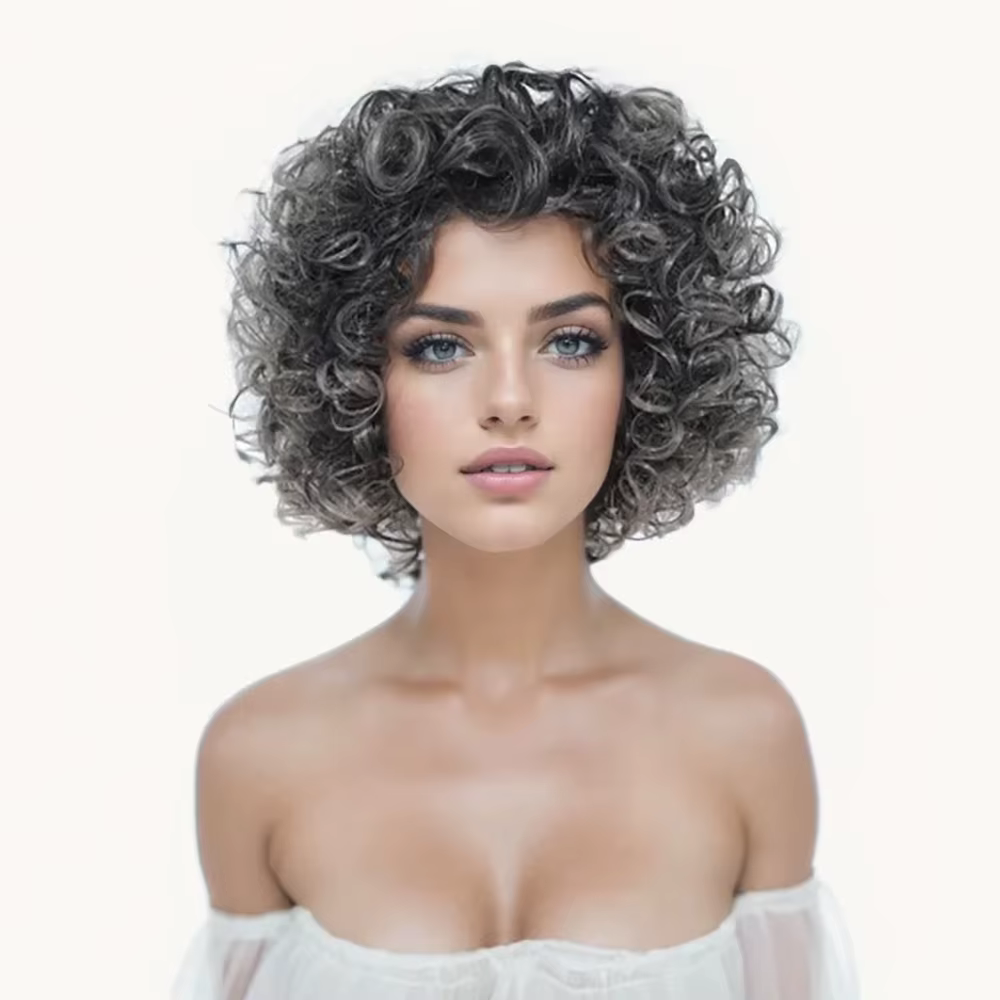 Jeedou – perruque synthétique courte bouclée et moelleuse, mélange de couleurs noir et gris pour fem