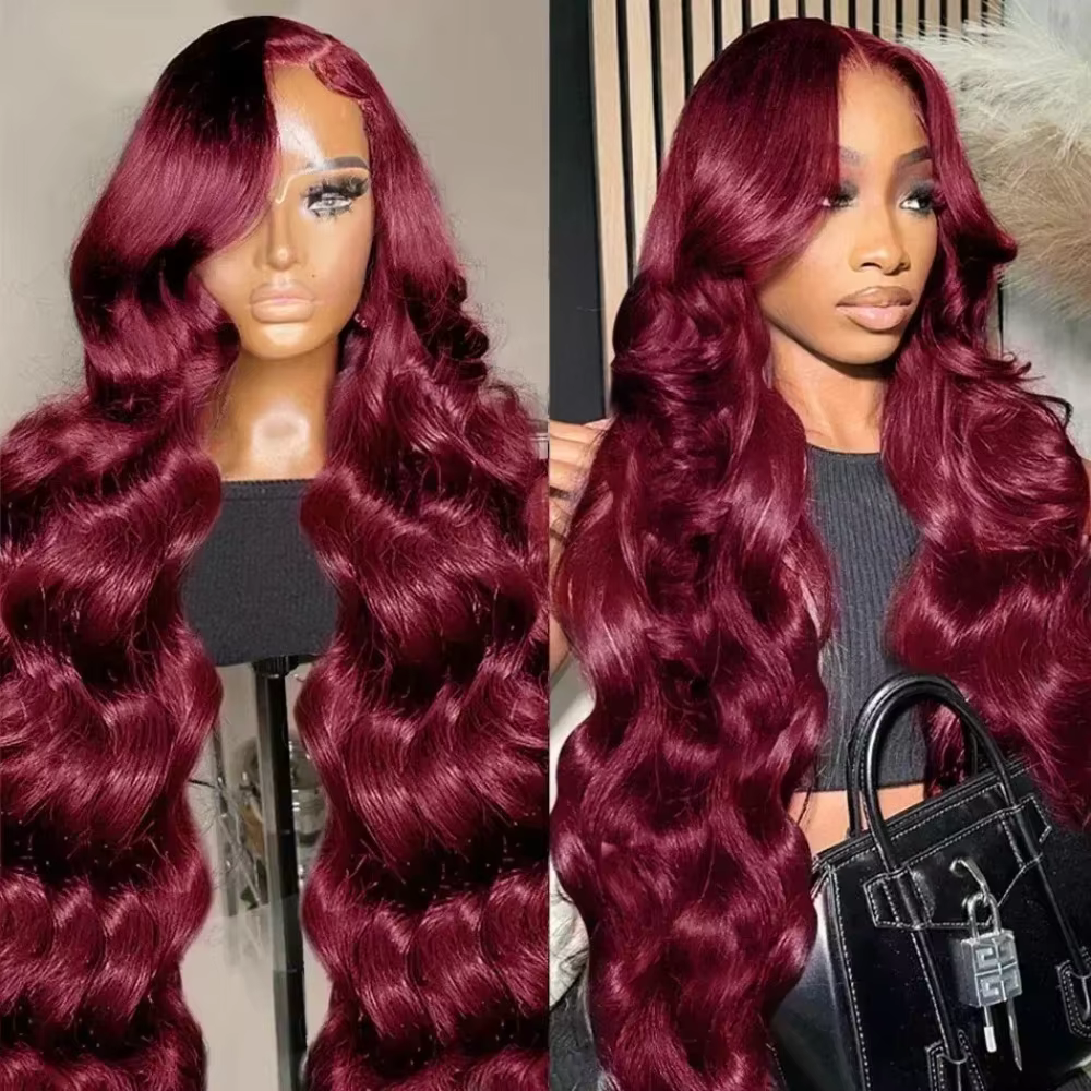 Perruques Lace Front Body Wave 13x6 en Cheveux Humains pour Femmes, Perruques Lace Front 99j Bordeau