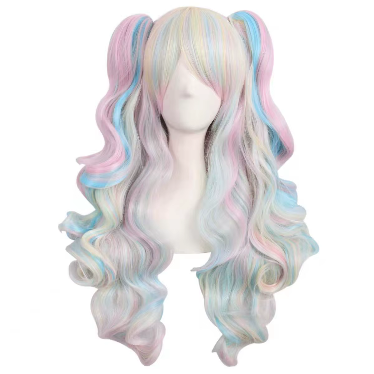 Perruque Lolita Longue Ondulée pour Femme, Cosplay Anime, Bleu, Blonde, Rose, Ombre, Deux Queues de