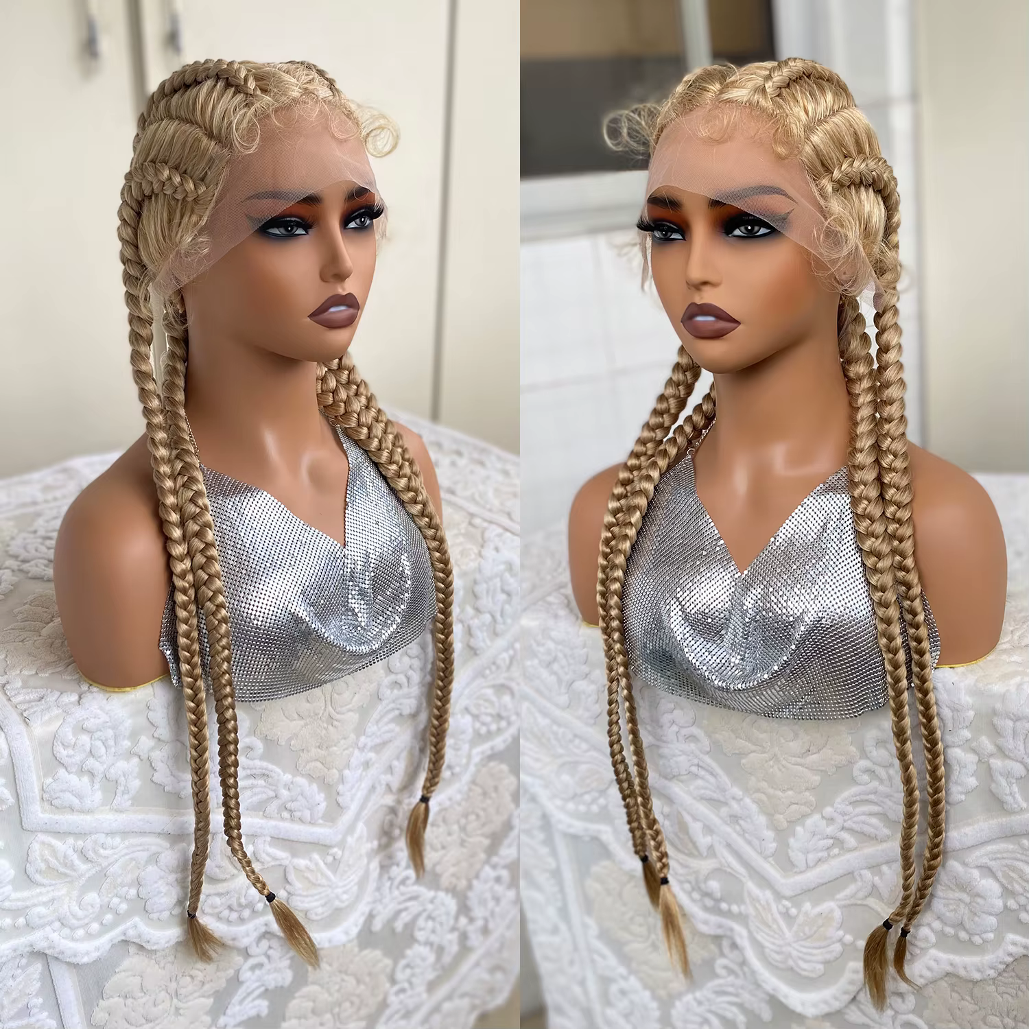 Perruque Lace Front Wig synthétique tressée avec cheveux de bébé, 32 pouces, 4 tresses Cornrow torsa