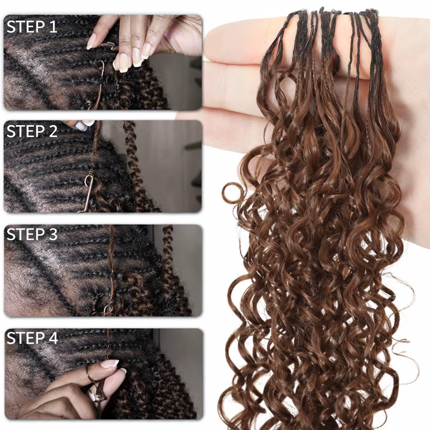 Extensions de cheveux humains bouclés bruns à ondulations profondes, pré-séparées, pour tresses bohè