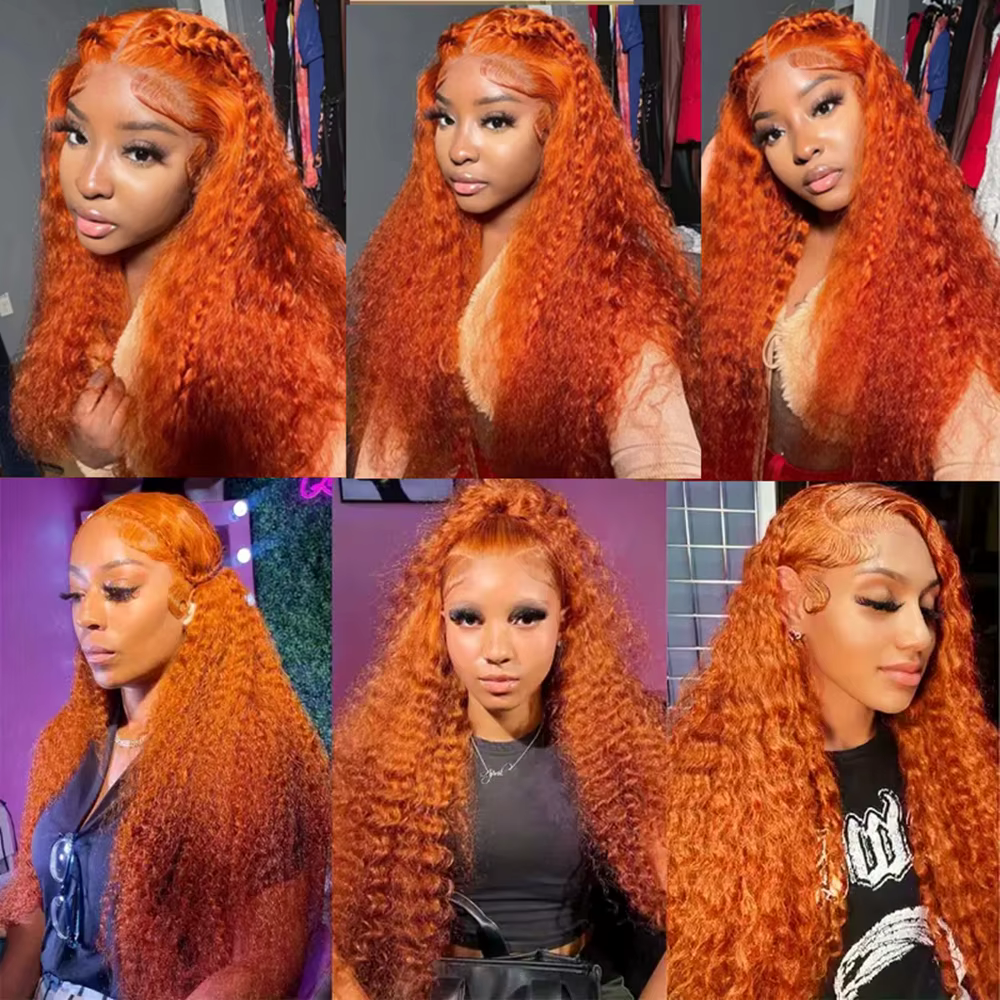 Silkwave vague d'eau 13x4 Orange gingembre dentelle avant perruque bouclés cheveux humains perruques