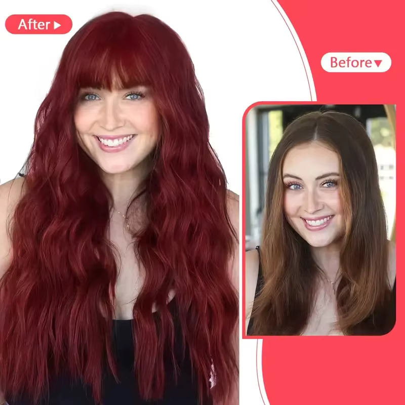 Perruque synthétique couleur vin rouge avec cheveux longs bouclés et frange pour un usage quotidien