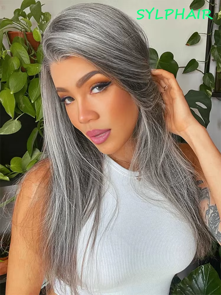 13x4 os droit gris dentelle avant perruques de cheveux humains pour les femmes brésilien sans colle