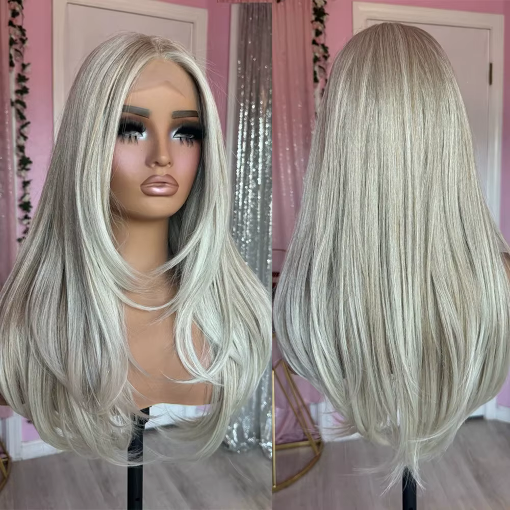 Perruque Lace Front Wig Naturelle Lisse, Cheveux Humains, Balayage Platine, Invisible HD, 13x4, 13x4