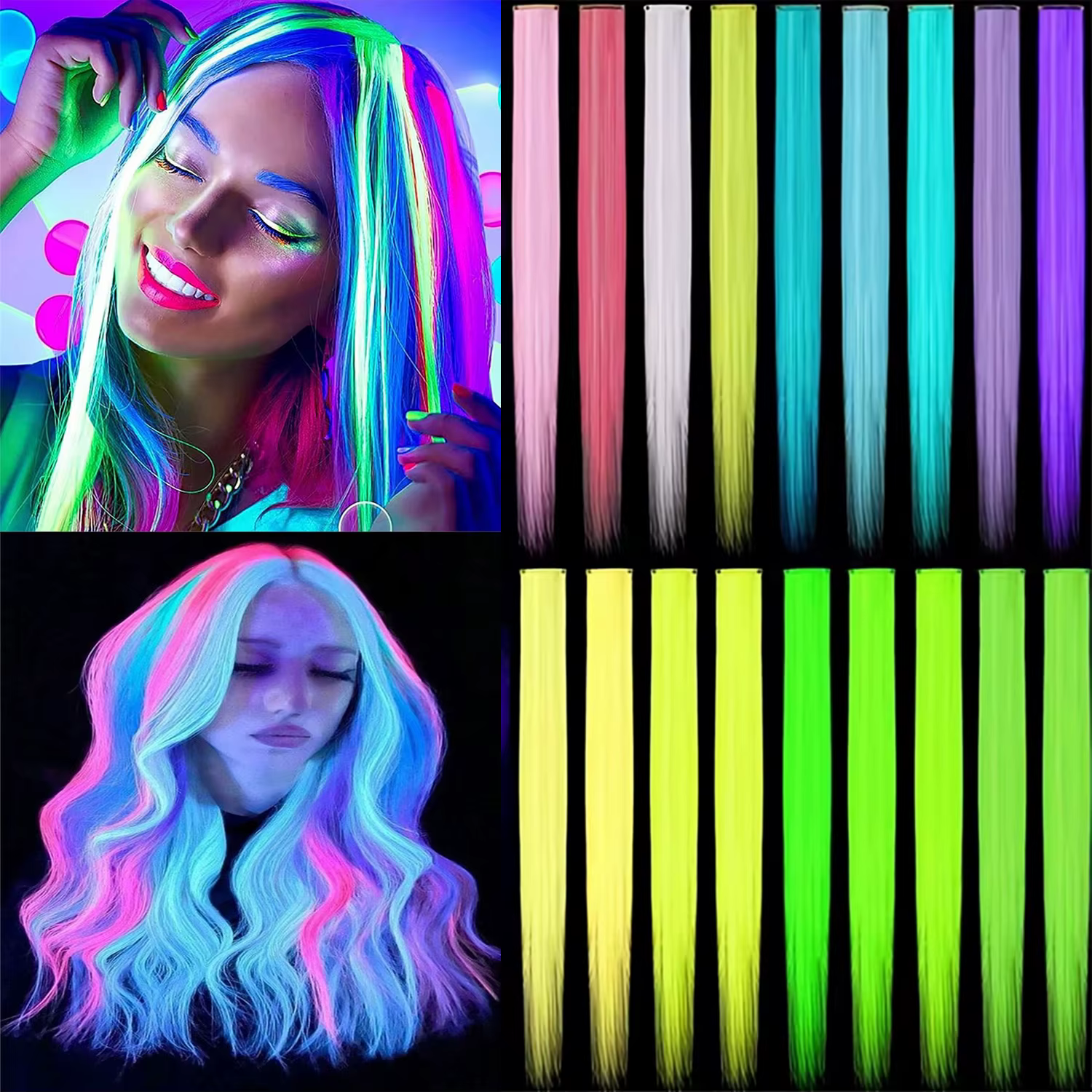 Extensions capillaires synthétiques lumineuses néon, 9 pièces, pour fêtes, Festivals, noël, brillent