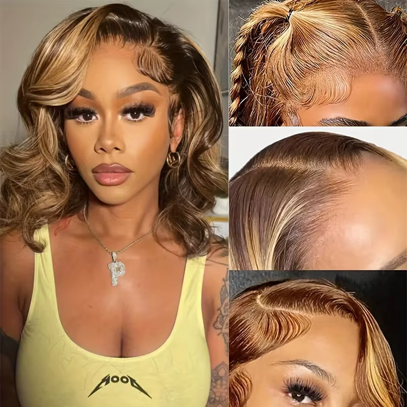 Perruque Brésilienne Naturelle avec Cheveux Vierges, Courts, Bob, Densité 200, Balayage, Vague de Co